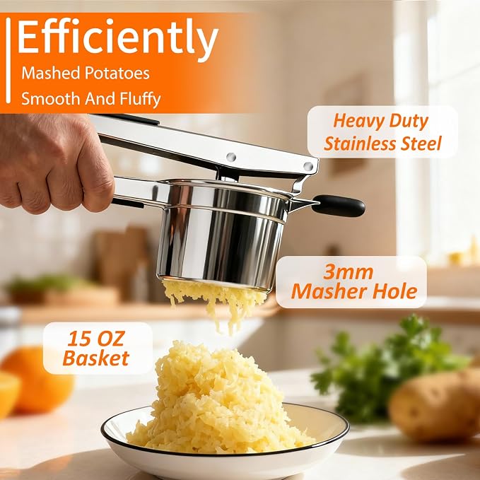 Potato Ricer, Ricer for Mashed Potatoes, 3 Replaceable Discs Potato Masher Stainless Steel for thin/medium/thick Fluffy Mashed Potatoes, Heavy Duty Spaetzle Maker, Dishwasher Safe