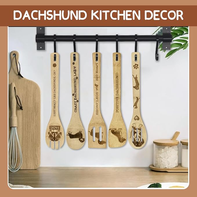 Dachshund Gifts for Women 6PCS Unique Dachshund Print Wooden Spoons Gifts Set with Keychain, Dachshund Decor Weiner Gog Gifts for Women Mom Bestie Teacher