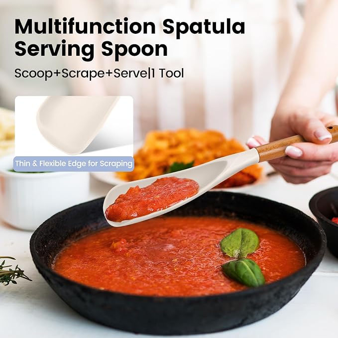 Large Silicone Cooking Spoons Set, 2 Pcs Heat Resistant Serving Spoon, Multifunction Nonstick Spatula Spoon, Kitchen Cucharras de Silicona for Mixing, Stiring, Basting, Scooping, Scraping