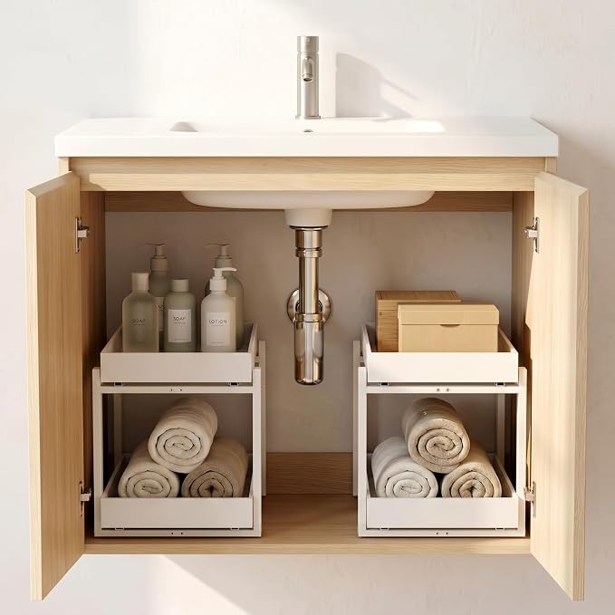 Bamboo Under Sink Organizer Adjustable Height 2 Tier Bathroom Organizer Pull Out Cabinet Storage Kitchen Heave Duty Wood Slide Ou Shelf for Kitchen Bathroom (Black, 2 Packs) (White, 2 Pack)