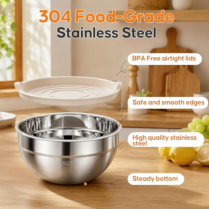 Stainless Steel Mixing Bowls with Lids Set, 4 Pack Cooking Bowls | Nesting Mixing Bowls with 3 Grater Attachments, Kitchen Airtight Metal Bowls, Size 4.5, 2.7, 1.5, 0.7QT for Mixing, Baking