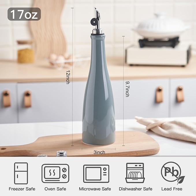 YOLIFE Olive Oil Dispenser Bottle, 17oz/500ml Ceramic Oil Bottle (Gray) | Oil Dispenser with Gravity Spout, Leak Proof EVOO Dispensing Bottle with 2 Spouts and 1 Funnel for Vinegar, Kitchen