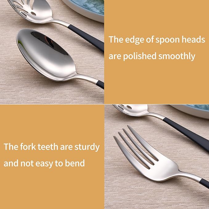 10 Pieces Black Serving Set, 18/0 Stainless Steel Hostess Set, Slotted Serving Spoon, Salad Serving Spoon/Fork, Butter Knife, Two Color Combinations, Dishwasher Safe