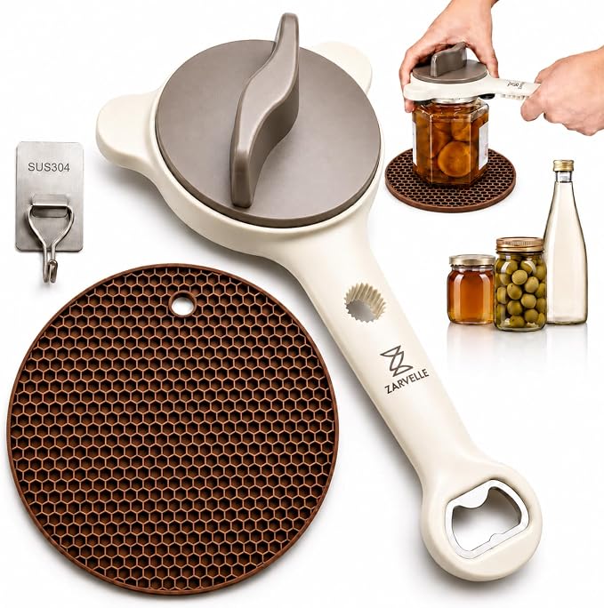 Jar Opener for Seniors with Arthritis & Weak Hands, 4-in-1 Adjustable Lid & Bottle Opener Set with Non-Slip Silicone Grip Pad & Stainless Steel Hook, Easy Twist Kitchen Gadget for Elderly (Beige)