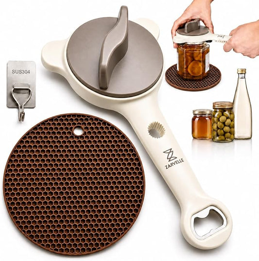 Jar Opener for Seniors with Arthritis & Weak Hands, 4-in-1 Adjustable Lid & Bottle Opener Set with Non-Slip Silicone Grip Pad & Stainless Steel Hook, Easy Twist Kitchen Gadget for Elderly (Beige)