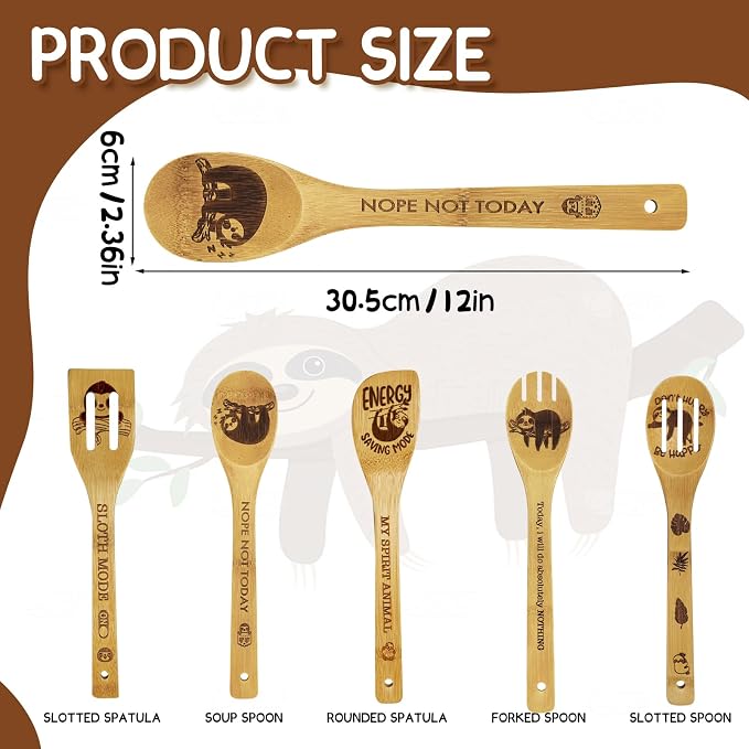 Sloth Gifts for Women - 6PCS Unique Print Bamboo Spoons Set With Keychain, Kitchen Decor for Mom, Best Friend