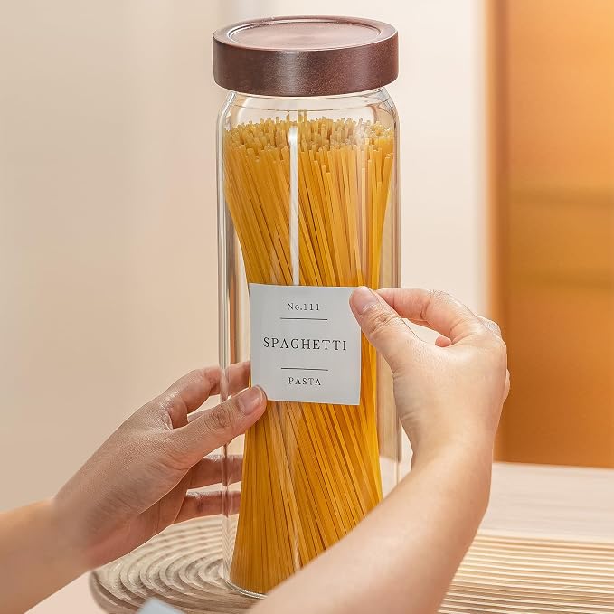 Wissy&Konny 3 Pack Glass Pasta Storage Containers with Screw wood Airtight Lid, 70oz Tall Glass Jar with Lid Spaghetti Container Storage for Pasta,Spaghetti,Cereal (132 Pantry Labels)