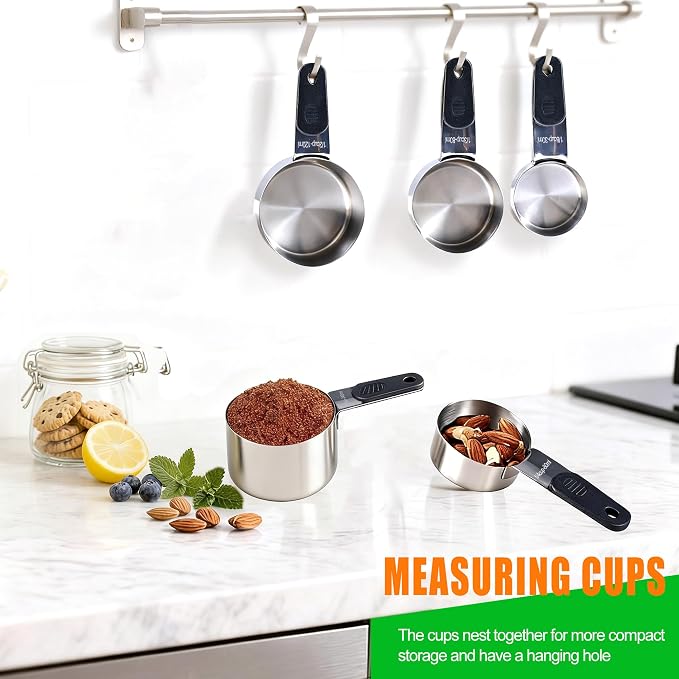 Magnetic Handles 5 Piece Stainless Steel Measuring Cups, Black, Kitchen Gadgets for Measure Liquid and Dry Ingredients, Cooking & Baking