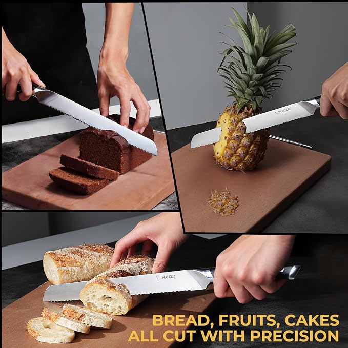DiiHAUZZ Bread Knife, 10 Inch Serrated Knife for Slicing Homemade Bread, Razor Sharp High Carbon Steel, Professional Bakery Kitchen Knives with Full Tang Ergonomic Handle for Sourdough, Bagel, Cake