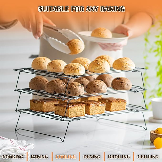 2-Tier Cooling Racks for Cooking and Baking - 13" x 9.6" Stackable Heavy Duty Stainless Steel Wire Rack for Baking, Grilling, Roasting - Oven & Dishwasher Safe - Black