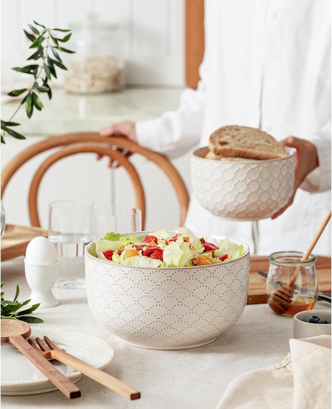 Mikiegy Ceramic Mixing Bowls Set of 2, Nesting Ceramic Embossment Stoneware Mixing Bowls for Cooking, Serving, Popcorn, Salad etc, Microwave & Dishwasher Safe, 44/98 oz, Off-White