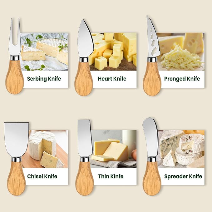 Charcuterie Board Accessories, 23 Pieces Silver Stainless Steel Cheese Knife Set with Wooden Handle for Charcuterie Utensils, Mini Serving Tongs Spreaders Spoons Forks Honey Dippers and Flags