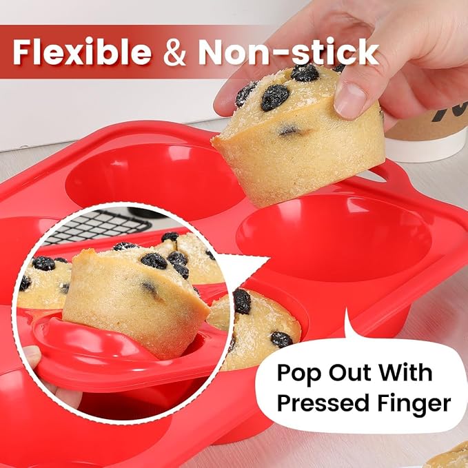 CAKETIME Jumbo Muffin Pan, 3.5 Inch Large Muffin Pan with Metal Reinforced Frame 6 Cup Silicone Jumbo Cupcake Pans for Baking Easy to Handle 2 Pack Red