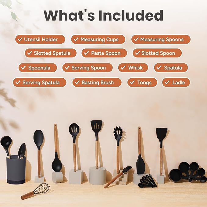 SMIRLY Kitchen Utensils Set – 22-Piece Silicone Cooking Utensils Set, Spatula Set with Holder, Wooden Handle Silicone Kitchen Gadgets for Nonstick Cookware
