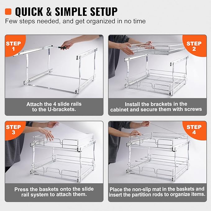 VEVOR 2 Tier 17"Wx21.2"Dx15.2"H Pull Out Cabinet Organizer, Heavy Duty Slide Out Pantry Shelves, Steel Roll Out Drawers, Sliding Drawer Storage for Home, 18.5"Wx22.5"Dx19"H Install Size for Cabinet