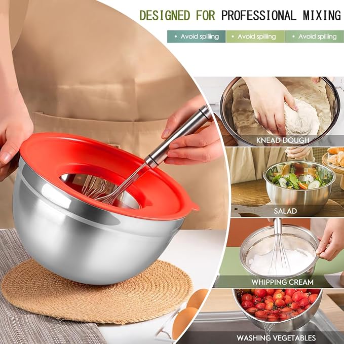 JUJOJB Mixing Bowls With Lids Set,Stainless Steel Mixing Bowls Set With 3 Grater,Metal Nesting Bowls For Kitchen Baking Refrigerator Meal Prep Food Organizer,7 Size(Multicolor)