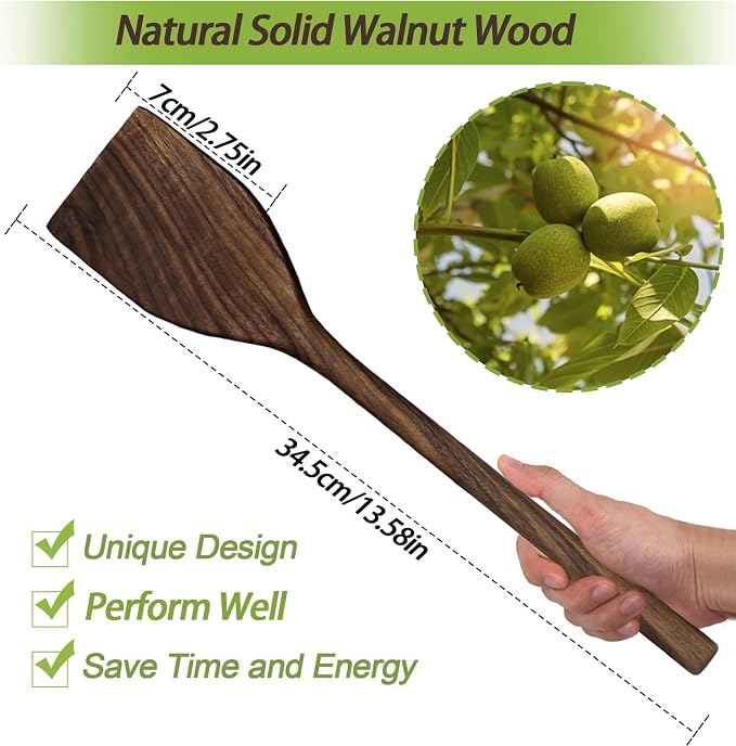 13.5" Walnut Wood Spatula, Large Wooden Spatula for Cooking, Long Handle Flat Spatula, Non-Stick Wooden Scraper, Turner for Frying, Flipping & Scraping-Great for Big Frying Pan