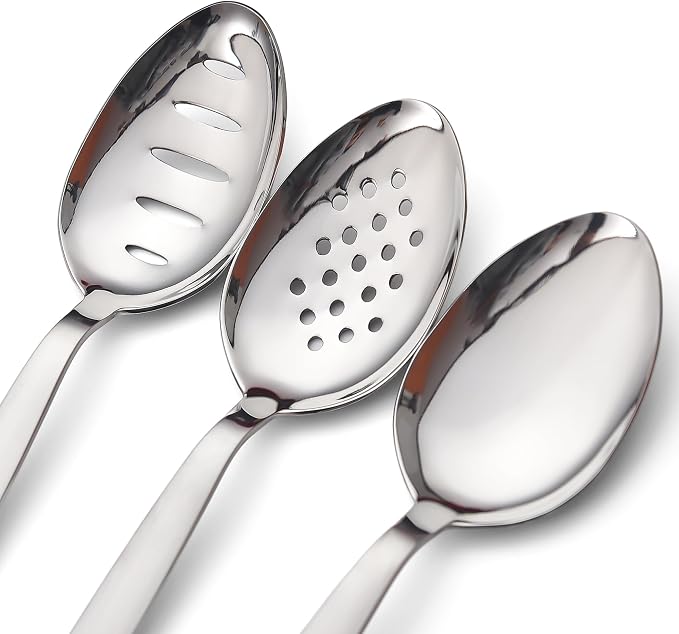 3-PCS Kunz Spoon | 9 Inch 18/10 Stainless Steel Serving Spoons Set Include Serving Spoon, Slotted and Perforated Spoons (Medium 9 Inch, 3 Pack All Kunz)