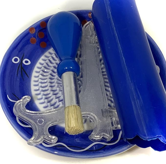 BonCera, All-in-one Premium Ceramic Garlic Grater Plate 4-Piece Set - Cherry Line on Blue Design - For Garlic, Ginger, Chocolate, and more! - Comes with 5.25" Plate, Peeler, Brush, and Stand