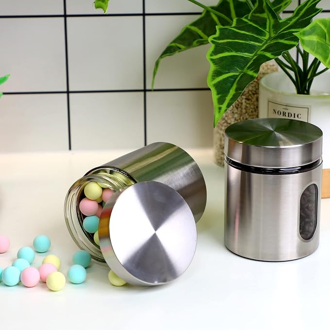 6 Pack Kitchen Canisters Set Airtight Coffee Sugar Tea Candy Storage Jars with Window Glass Stainless Steel Containers with Lids for Flour Cookies Spices Grains Kitchen Decorations(20 oz)