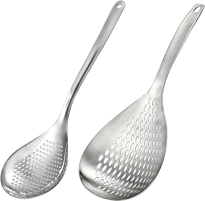 2 Pack Skimmer Slotted Spoon, 13.6 Inch Large Stainless Steel Skimmer Ladle Spoon Spider Strainer with Handle and Hanging Holes, Fryer Scoop Kitchen Colander for Cooking, Draining and Frying