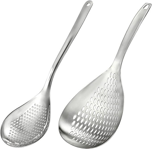 2 Pack Skimmer Slotted Spoon, 13.6 Inch Large Stainless Steel Skimmer Ladle Spoon Spider Strainer with Handle and Hanging Holes, Fryer Scoop Kitchen Colander for Cooking, Draining and Frying