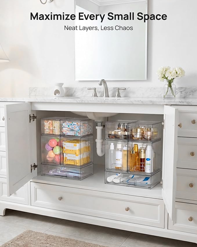 Vtopmart Clear Stackable Storage Drawers Set of 5, Plastic Organizer Bins | Multi-purpose Boxes for Baby Bottle Storage, Ideal for Kichen, Vanity, Bathroom, Undersink, Cabinet, Pantry Organization