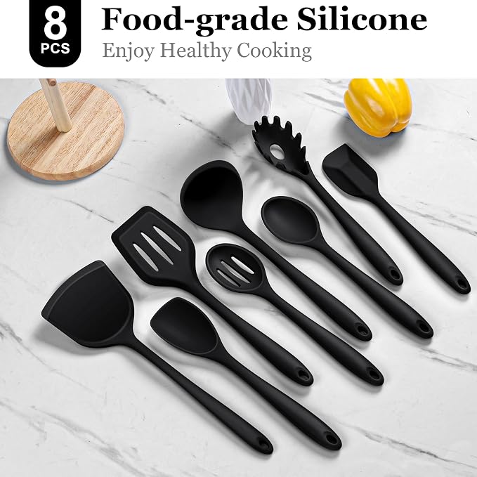 LIANYU Non-Toxic Cooking Utensils Set of 8, Silicone Black Kitchen Utensils Set for Non-Stick Cookware, Healthy Kitchen Tools with Spatula & Spoon, Stainless Steel Core, Healthy & Heat Resistant