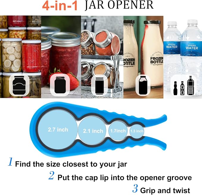 Bloss Jar Opener Bottle Opener for Seniors, Weak Hands and Arthritis, Blue | Anti-Slip Rubber Strip Inside,Eight Sizes of Circular Openings,Cap and Bottle Great Kitchen Gadgets,Useful Gifts for Elderly
