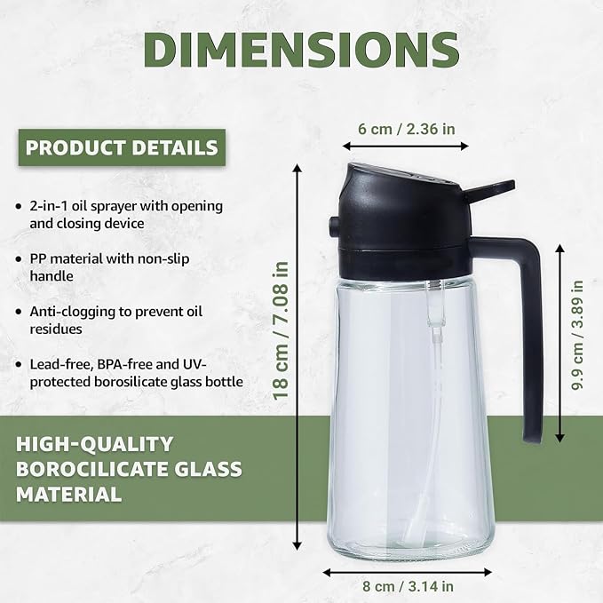 2-in-1 Oil Spray Bottle & Dispenser - 470ml Olive Oil Sprayer for Misting and Pouring, Leak-Proof Kitchen Gadget for Healthy Cooking, Air Frying, BBQ & Baking, 2 Pack Black