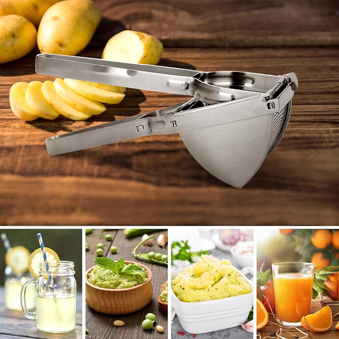 Potato Ricer, Stainless Steel Potato Ricer and Masher Commercial Potato Fruit Meat Press Chopper Mincer Masher Crusher Helper with Ergonomic Comfort Grip for Home Kitchen, 11.02 x 3.15 x 4.13inch