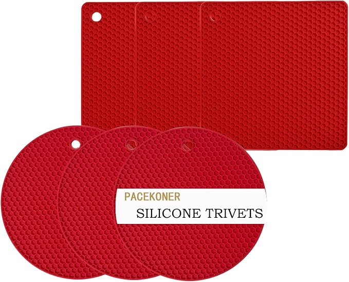 6-Pack Silicone Trivet Mats, Heat Resistant Hot Pads, Dishwasher Safe Kitchen Mats, BPA-Free Pot Holders for Table, Countertop, Stove, Honeycomb Design (Red, 7” Square/Round)