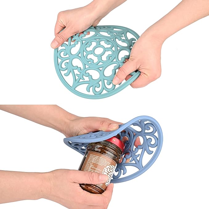 Smitchraft Silicone Trivets for Hot Dishes, Pots & Pans, Non-Stick Hot Pads Kitchen Quartz Countertops, Silicone Pot Holders Mats, Multi-use Carved Heat Resistant Mats for Counter & Table, Set 3 Blue