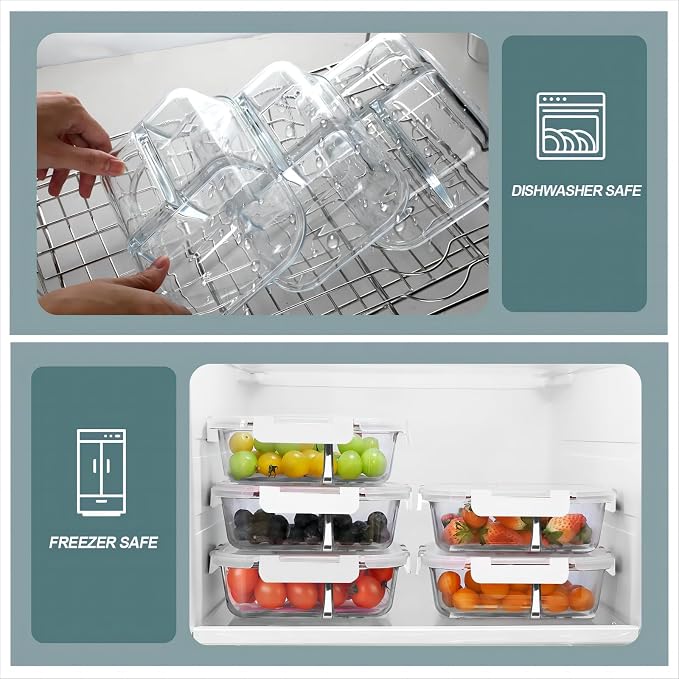 Glass Meal Prep Containers 3 Compartments, 5 Pack 36 oz, White | Glass Food Storage Containers with Lids, Airtight Lunch Bento Box, Portion Control, Freezer and Microwave Safe