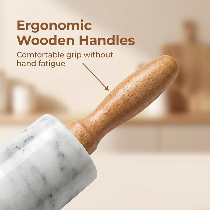White Marble Rolling Pin for Baking 8inch Barrel，Dough Roller | With Wooden Handles & Wood Cradle, Non-Stick Dough Roller for Pizza, Pasta, Fondant, Pie Crust, Pastry & Cookies