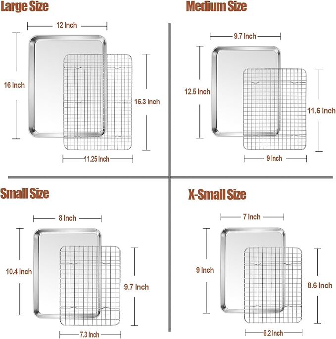 P&P CHEF 16 + 12.5 + 10.4 + 9 Inch Baking Sheet & Rack, Pan and Grid Rack | 8 Pcs (4x Cookie Sheets + 4x Cooling Racks), 4 Sizes, Stainless Steel Oven Pans Trays with Wire Racks, Oven & Dishwasher Safe
