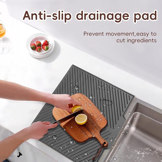 Silicone Dish Drying Mat with Drain Lip 17” x 13”, Heat-Resistant Sloped Sink Draining Tray for Kitchen Worktops, Draining Mat, Rack Mat, Multi-Purpose Hot Pads