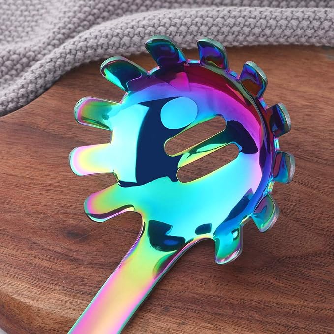 BuyGo Rainbow Spaghetti Server, Stainless Steel Pasta Fork with Flat Handle, Metal Pasta Server for Kitchen or Restaurant, 11.81 inches Length