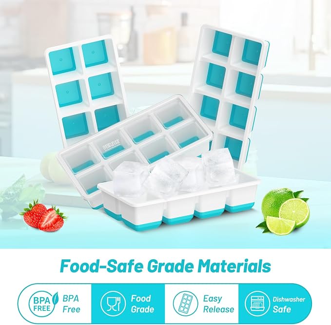 VEHHE Large Square Ice Cube Trays, 3 Pack Easy to Clean Ice Molds with Lid, Easy Release and Flexible Silicone 24-Ice Cube Molds (Blue)
