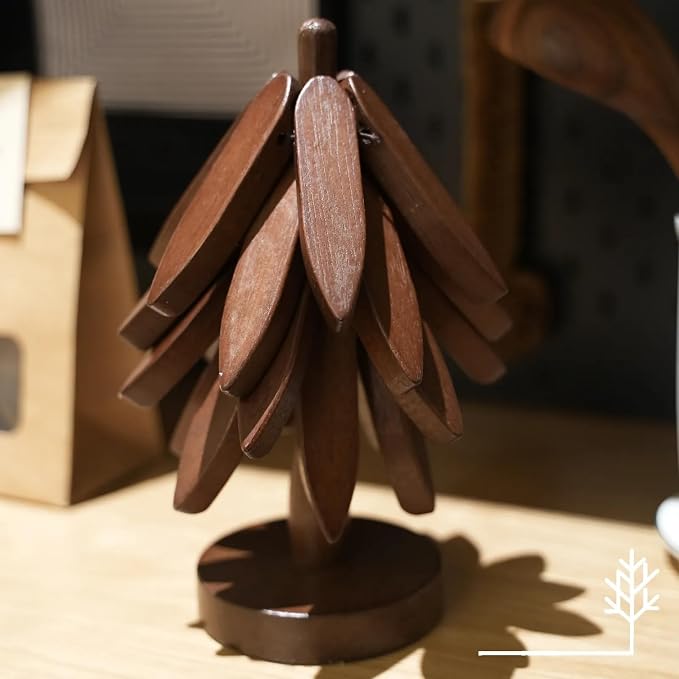 Wooden Trivet Tree for Hot Dishes, 4 Coasters + Stand, Walnut Finish | Foldable hot plate holder set with 4 wooden trivets and compact stand.