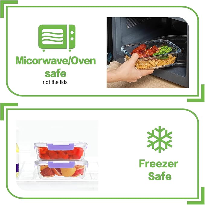 HOMBERKING 10-Pack Glass Meal Prep Containers, 36 oz/14 oz, Locking Lid Set | Borosilicate Glass Food Storage Containers Set, Airtight Lunch Bento Boxes, BPA-Free, Dishwasher Freezer, Oven Safe-Purple