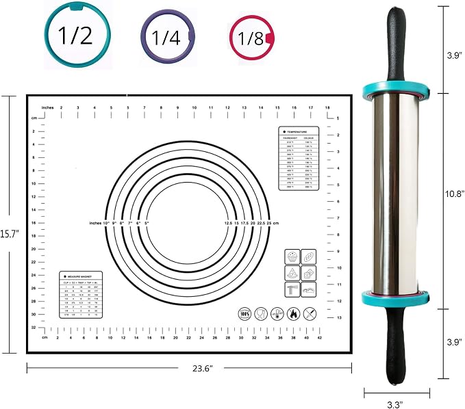 Rolling Pin Set - Adjustable Rolling Pin with Thickness Rings and Silicone Baking Mat 24"x 16", Stainless Steel Dough Roller Baking Supplies for Pizza Pastry Fondant Pie Pasta(19inch)