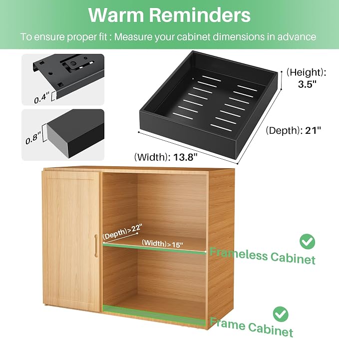 4 Pack Pull out Cabinet Organizer, 21"Deep, Heavy Duty Full-extension Slide out Drawers for Kitchen Cabinet, Roll out Shelf Storage with Nano Adhesive for Pots, Bathroom, Pantry, Home, Black