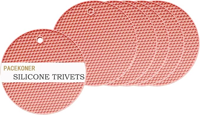 6-Pack Silicone Trivet Mats, Heat Resistant Hot Pads, Dishwasher Safe Kitchen Mats, BPA-Free Pot Holders for Table, Countertop, Stove, Honeycomb Design (Pink, 7“ Round)