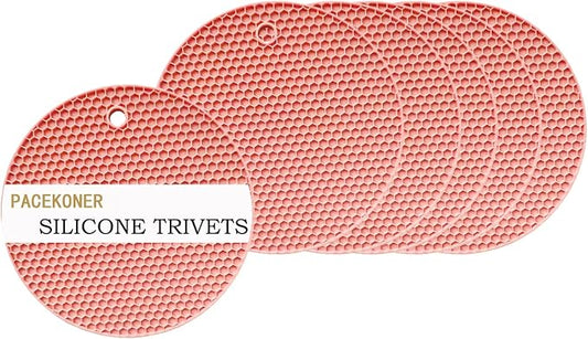 6-Pack Silicone Trivet Mats, Heat Resistant Hot Pads, Dishwasher Safe Kitchen Mats, BPA-Free Pot Holders for Table, Countertop, Stove, Honeycomb Design (Pink, 7“ Round)