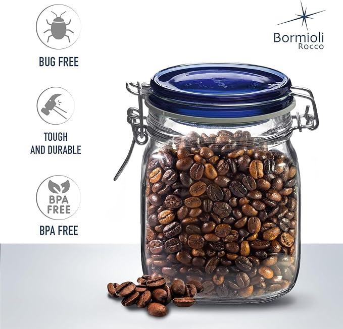 Bormioli Rocco Fido Glass Canning Jar, Airtight Storage Container with Blue Lid - 25.25 oz Clamp Lock Canister for Preserving Foods, Dry Goods & Pantry Organization - Italian Made Glass