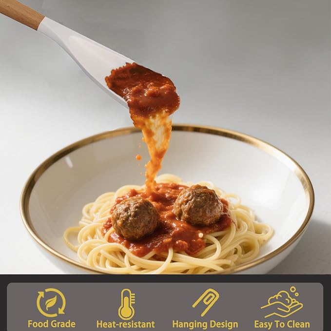 Silicone Spatula Set of 3 with Wood Handle, Multifunction Spoon for Nonstick Cookware, Heat Resistant Cooking Spoons and Scraper for Mixing, Scoop and Scrape (White)