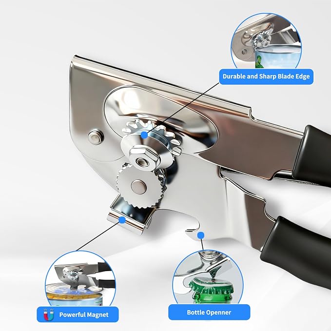 Effortless Manual Can Opener for Seniors, Arthritis & Weak Hands, Magnetic Lid Lifter, Smooth Safe Edges, Extra Long Non-Slip Stainless Steel Handle for Kitchen & Camping