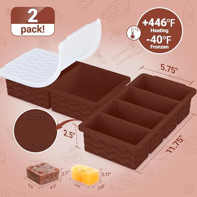 Silicone Freezer Molds for Soup with Lid, 1-Cup & 2-Cup Large Ice Cube Trays Food Storage Containers for Meal Prep, Freeze 500mL/250mL/125mL Portions – 2 Pack