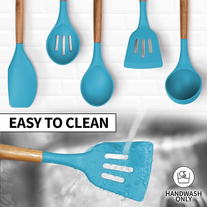 Zulay Kitchen Non-Stick Cooking Utensils Set with Authentic Acacia Wood Handles – 5-Piece Durable & Stylish Silicone Kitchen Utensils Set – Heat Resistant to 464°F – Blue